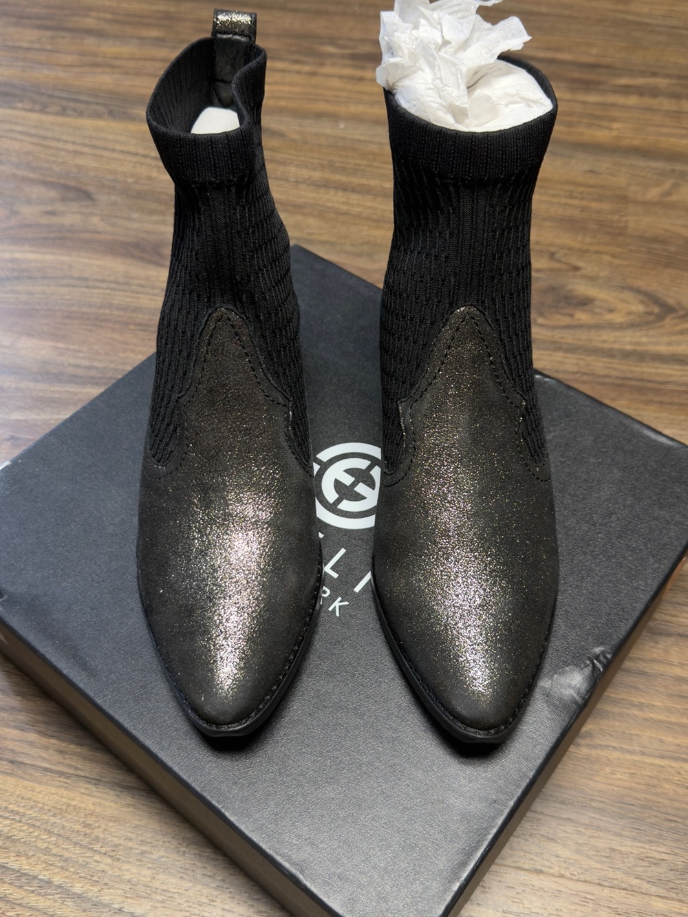 CECELIA NEW YORK Black Glitter Pointed Sock Boots